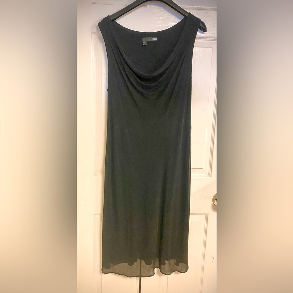 Eileen Fisher Sz L 100% Silk Chiffon Midi Drape Neck Dress Sleeveless Black Chiq